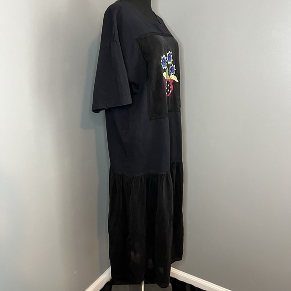 Vintage 80s 90s Johnny Was T-Shirt Dress Maxi Black Floral Embroidery Large - Picture 5 of 11